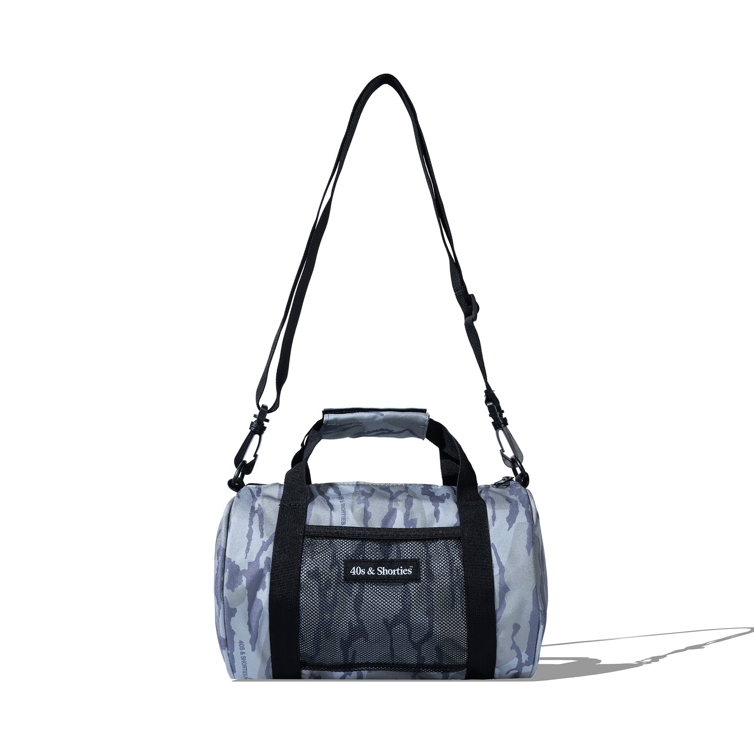 Camo Mini Duffle Bag with alternative woven patch branding and front mesh pocket