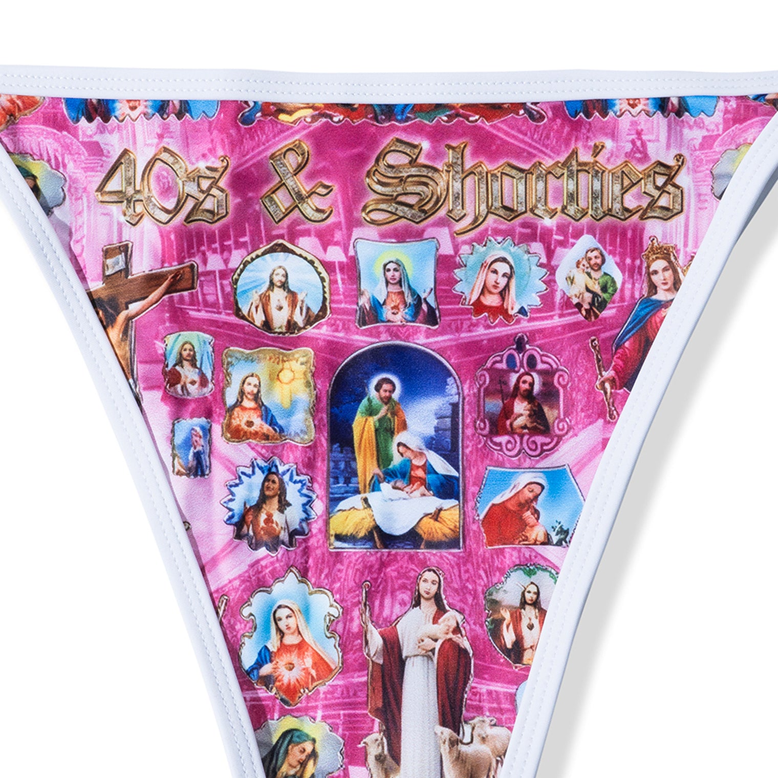 Detailed zoom of pink religious collage print on Holy Spirit Bikini bottom