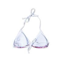 Back view of white triangle bikini top with tie straps