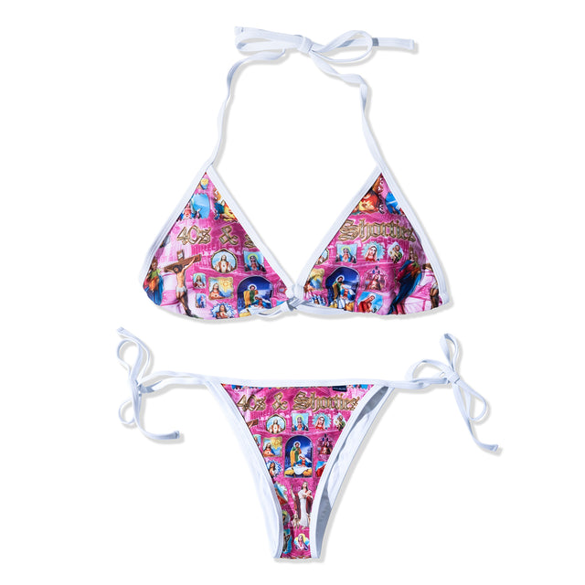 Flat lay of full Holy Spirit Bikini set in pink with printed top and bottom