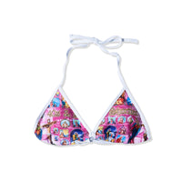 Front view of Holy Spirit Bikini top with pink religious print and halter neck