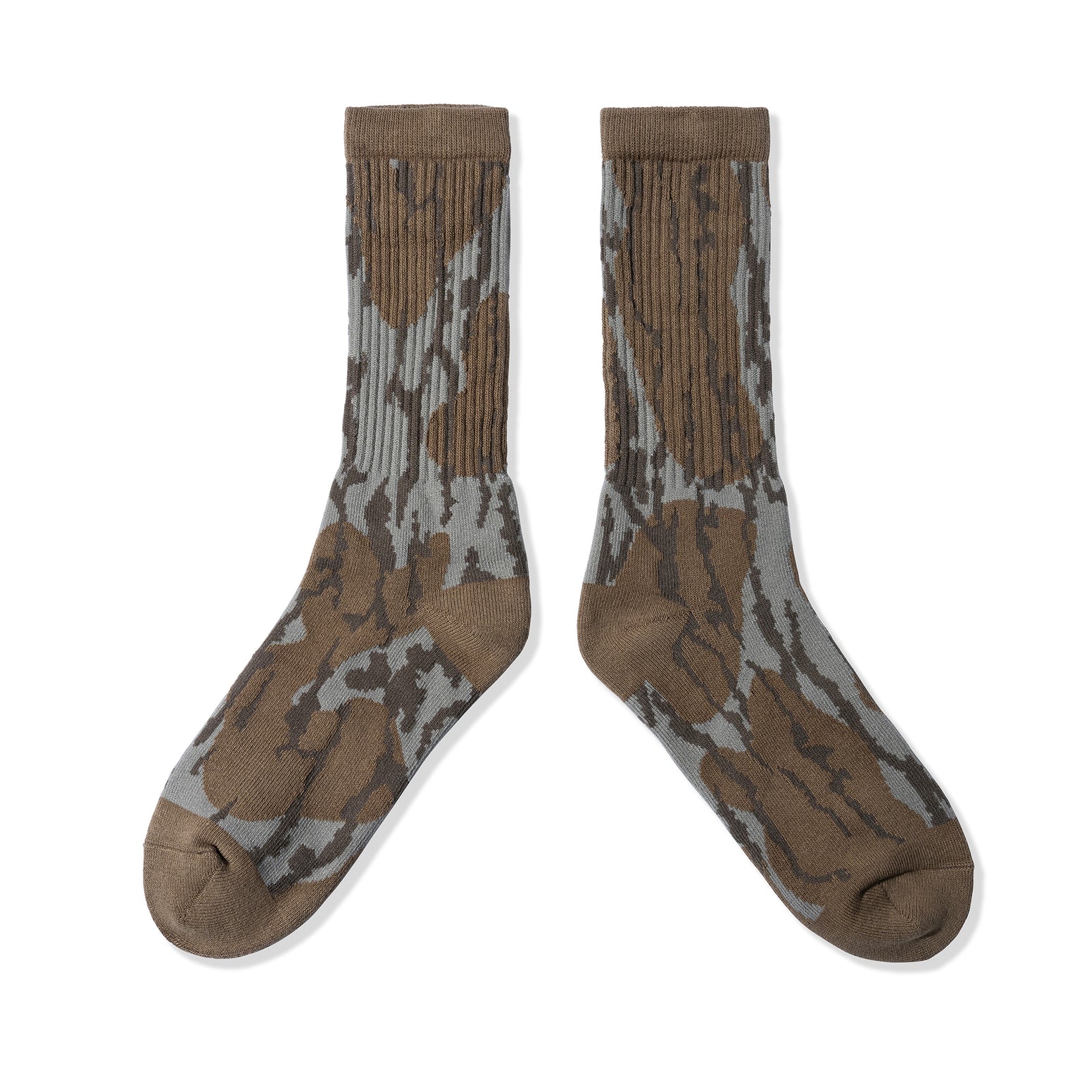 Rear view of 40s & Shorties Retro Camo Socks showcasing full camouflage knit design in brown and grey