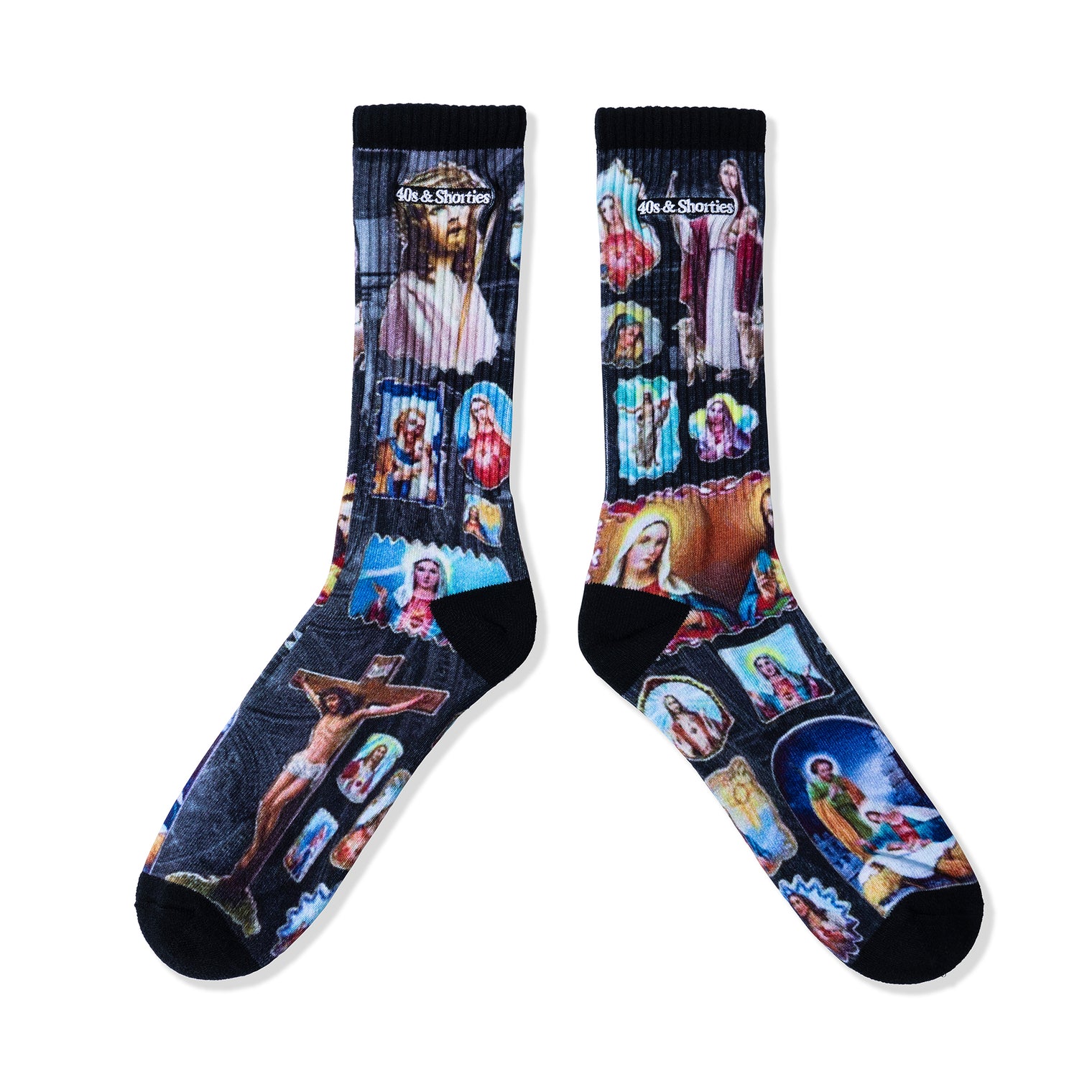 Black crew socks featuring full digital print of religious imagery and embroidered logo near cuff.