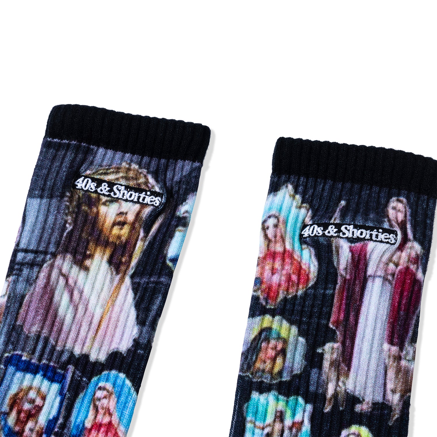 Upper sock detail with visible “40s & Shorties” embroidered branding and sacred imagery.