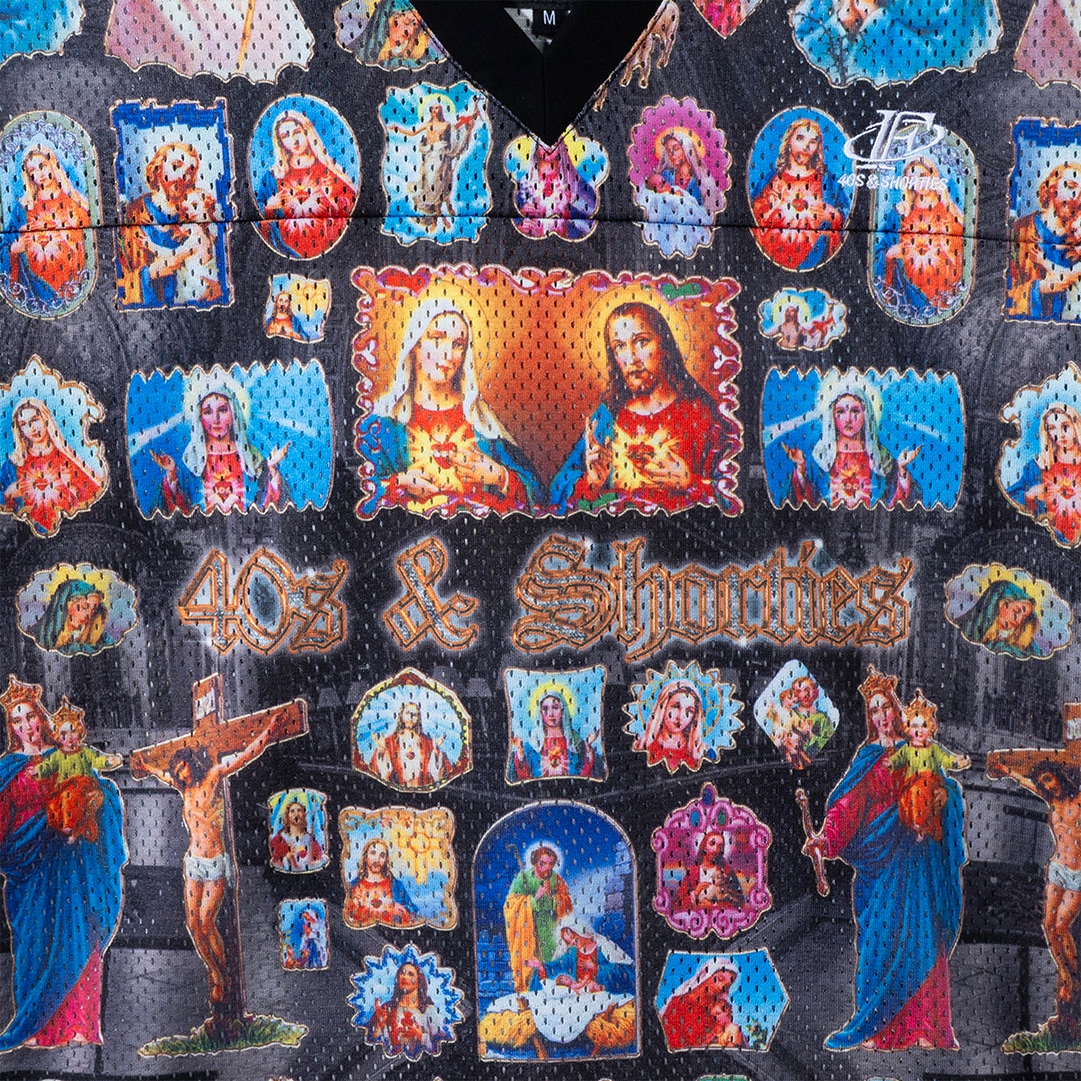 Close-up of the center chest area of jersey showing Jesus and Mary print with 40s & Shorties logo