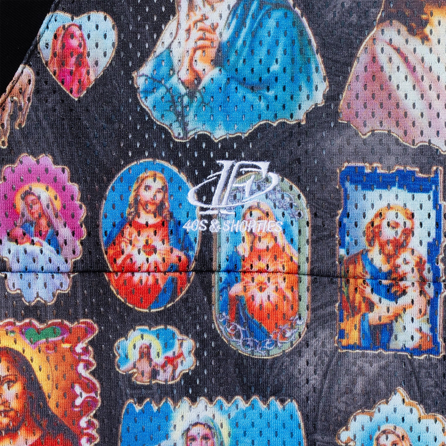 Close-up of left chest area showing religious portraits and white 40s & Shorties embroidery