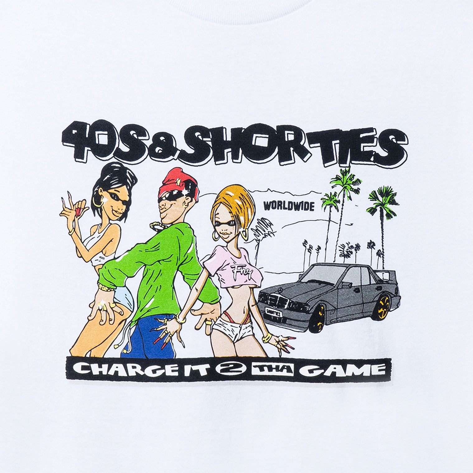 Close-up of front graphic on the Charge It Tee White featuring cartoon characters, palm trees, and a black car.