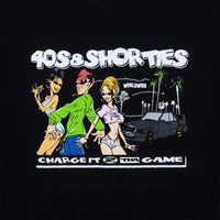 Front graphic close-up of the Charge It Tee featuring cartoon characters, palm trees, and a black car.