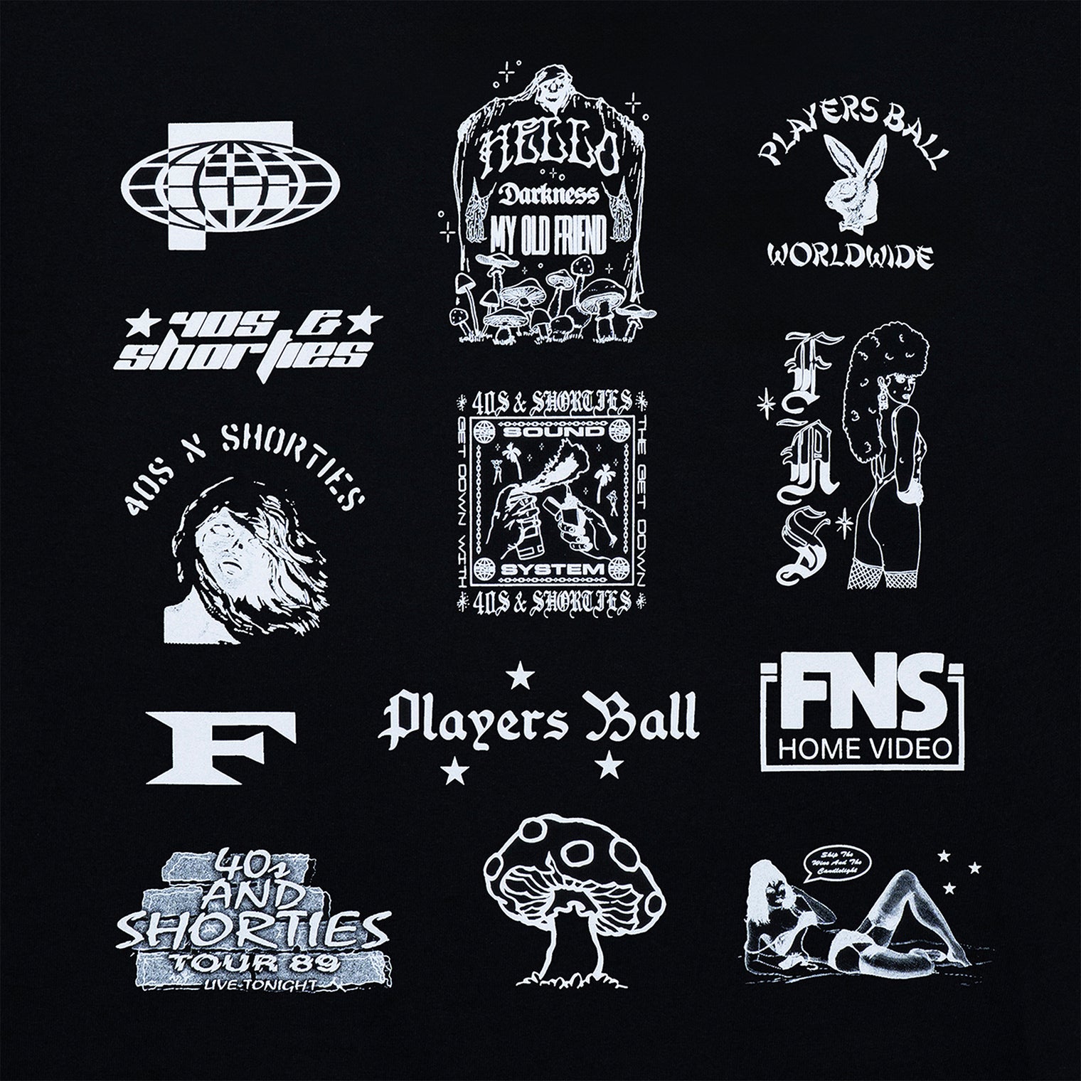 Close-up of graphic grid print featuring retro icons and logos on the back of the tee.