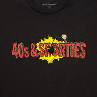 Detail of Smashing Tee in Dark Chocolate with 40s & Shorties logo and wrecking ball illustration.