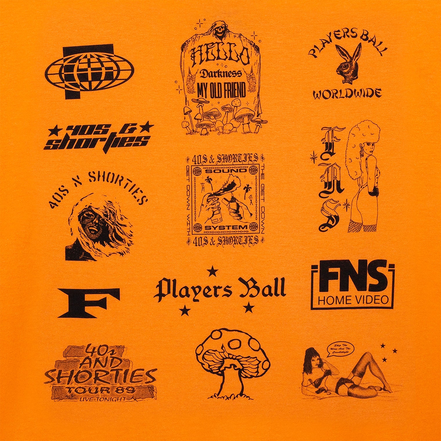 Close-up of back graphic grid with vintage and street-style logos printed in black.