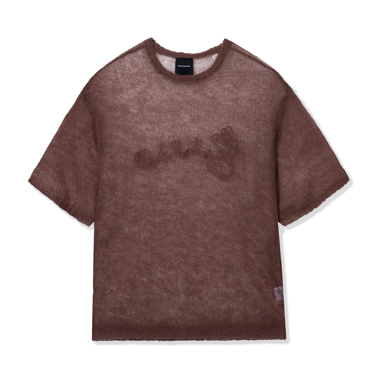 Flat front view of the Fade Away Shirt in chocolate with sheer knit texture and tonal embroidery.