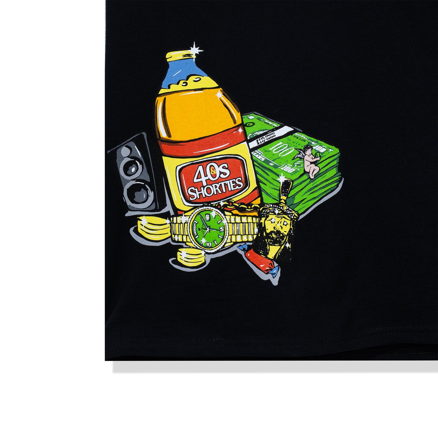 Graphic detail of 40s & Shorties bottle, gold chain, and money stack on Pull Up Tee