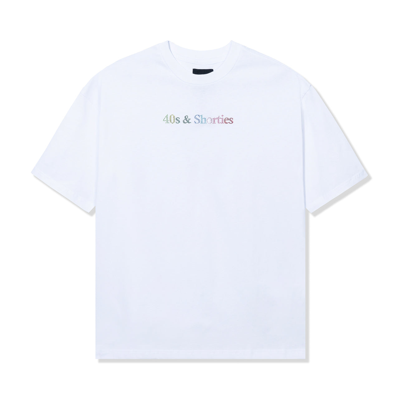 Front view of the Text Logo Rhinestone Tee in White with multicolor rhinestone "40s & Shorties" logo.