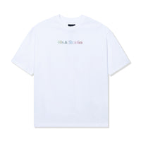 Front view of the Text Logo Rhinestone Tee in White with multicolor rhinestone "40s & Shorties" logo.