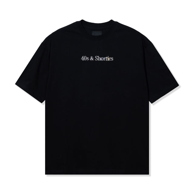 Flat lay of the Text Logo Rhinestone Tee in Black with full crystal rhinestone logo on chest.