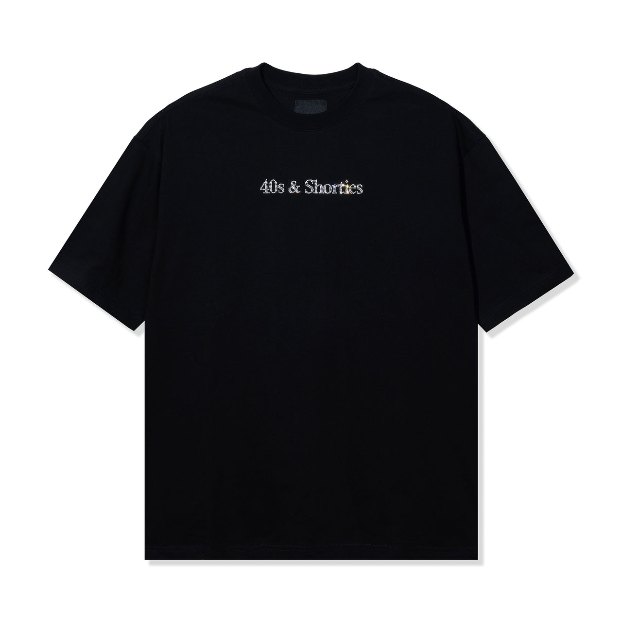 Flat lay of the Text Logo Rhinestone Tee in Black with full crystal rhinestone logo on chest.