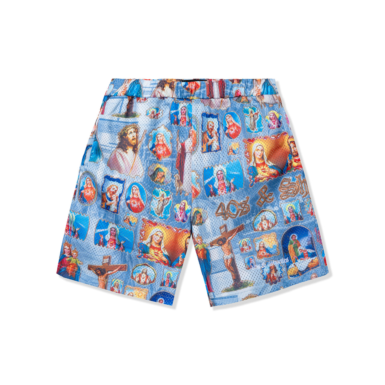 Holy Spirit Shorts flat front view with blue religious iconography and 40s & Shorties logo embroidery