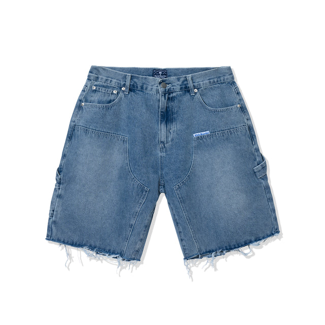 Flat front view of Denim Carpenter Shorts in blue with frayed hem and utility pocket.