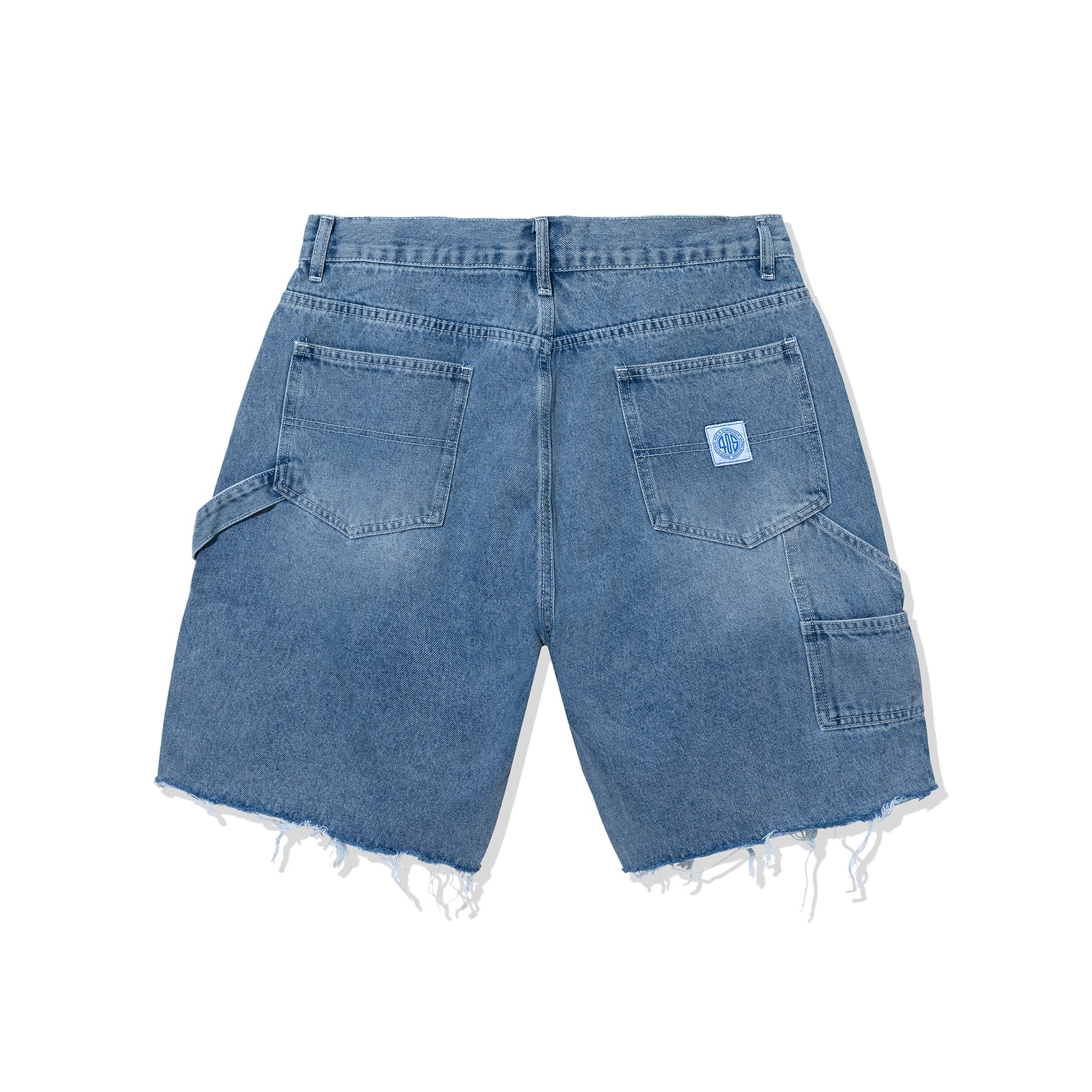Flat back view of Denim Carpenter Shorts showing patch pockets and side loop detail.