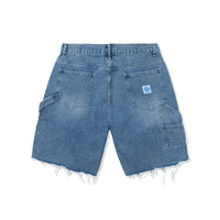 Flat back view of Denim Carpenter Shorts showing patch pockets and side loop detail.