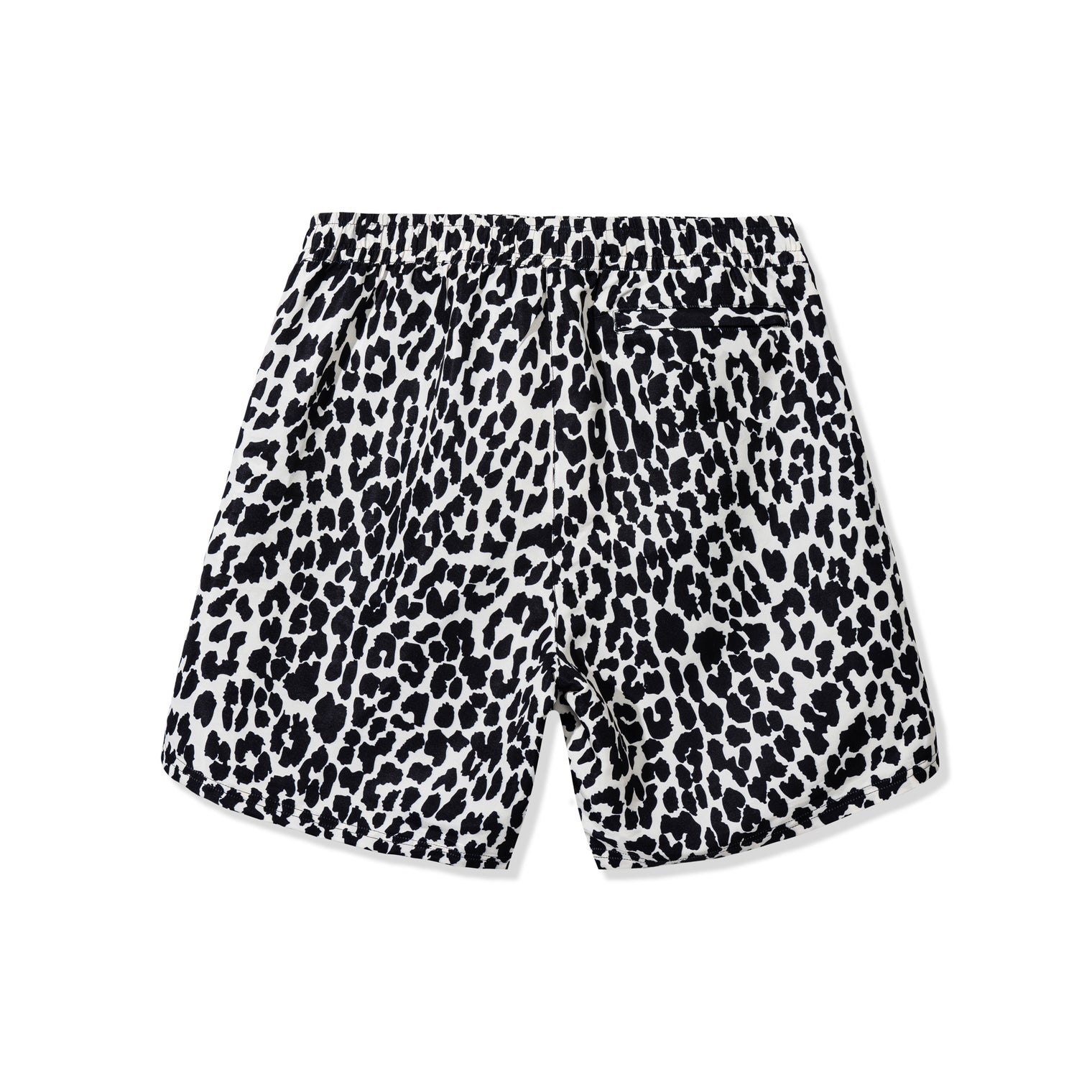 Back view of Desert Leopard Shorts in allover black and white leopard print