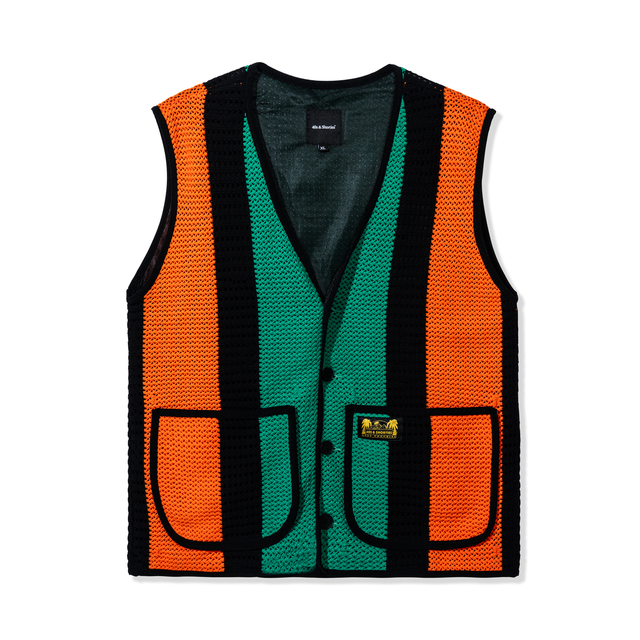 Front view of Beachside Vest – Green, orange, and black mixed-gauge knit vest with front pockets and button-up closure, by 40s & Shorties.