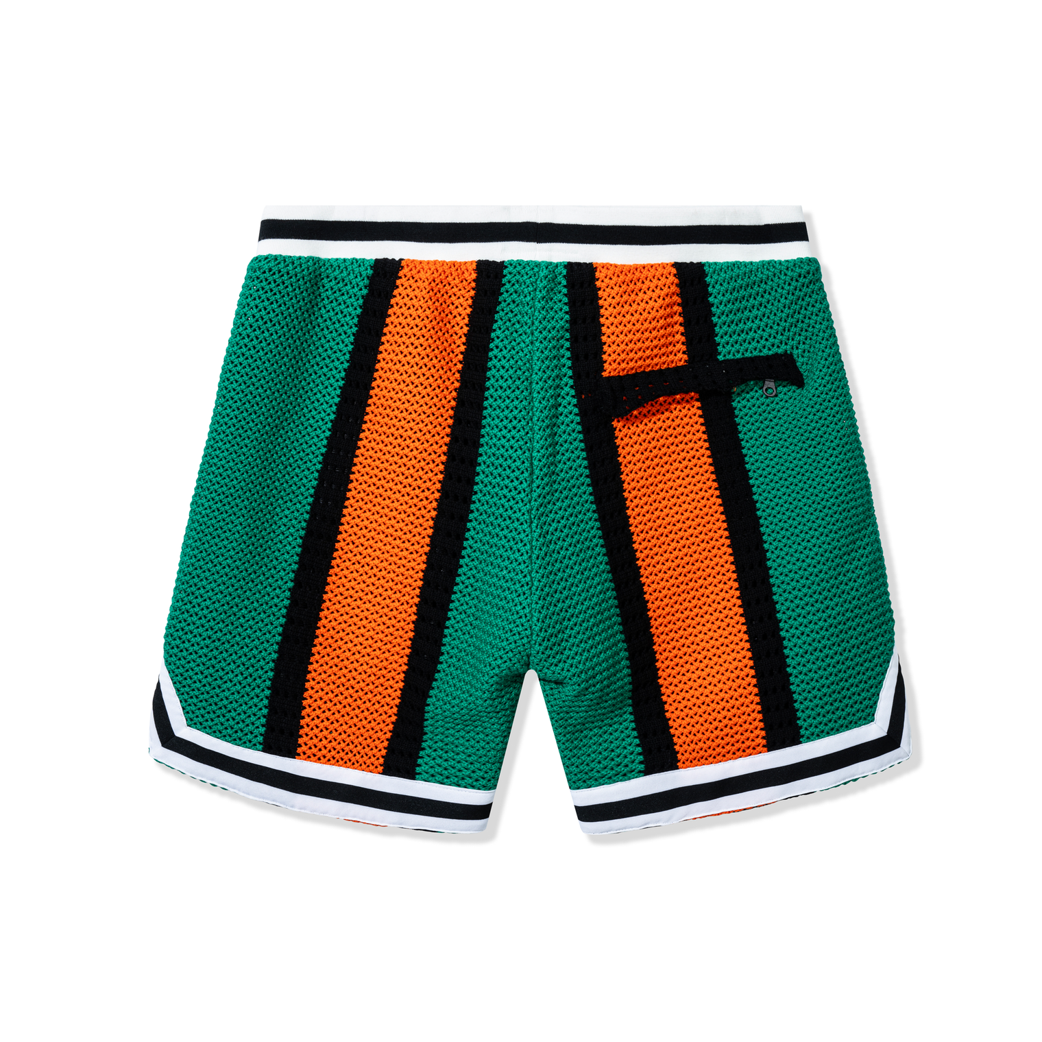 Back view of Beachside Basketball Shorts with rear zip pocket and vertical striped knit pattern.