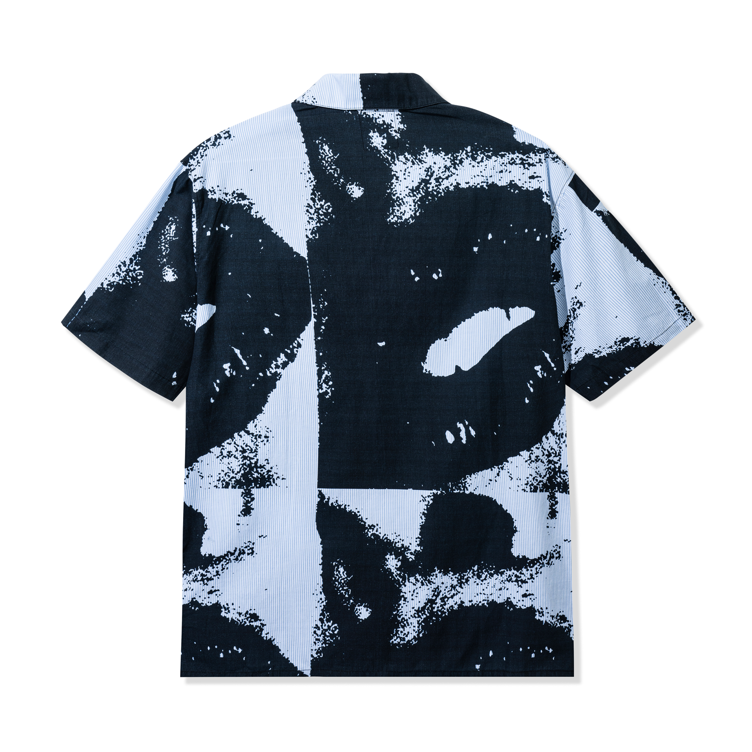 Back view of the Lips Shirt in Black with all-over digitally printed lips graphic on hickory striped fabric.