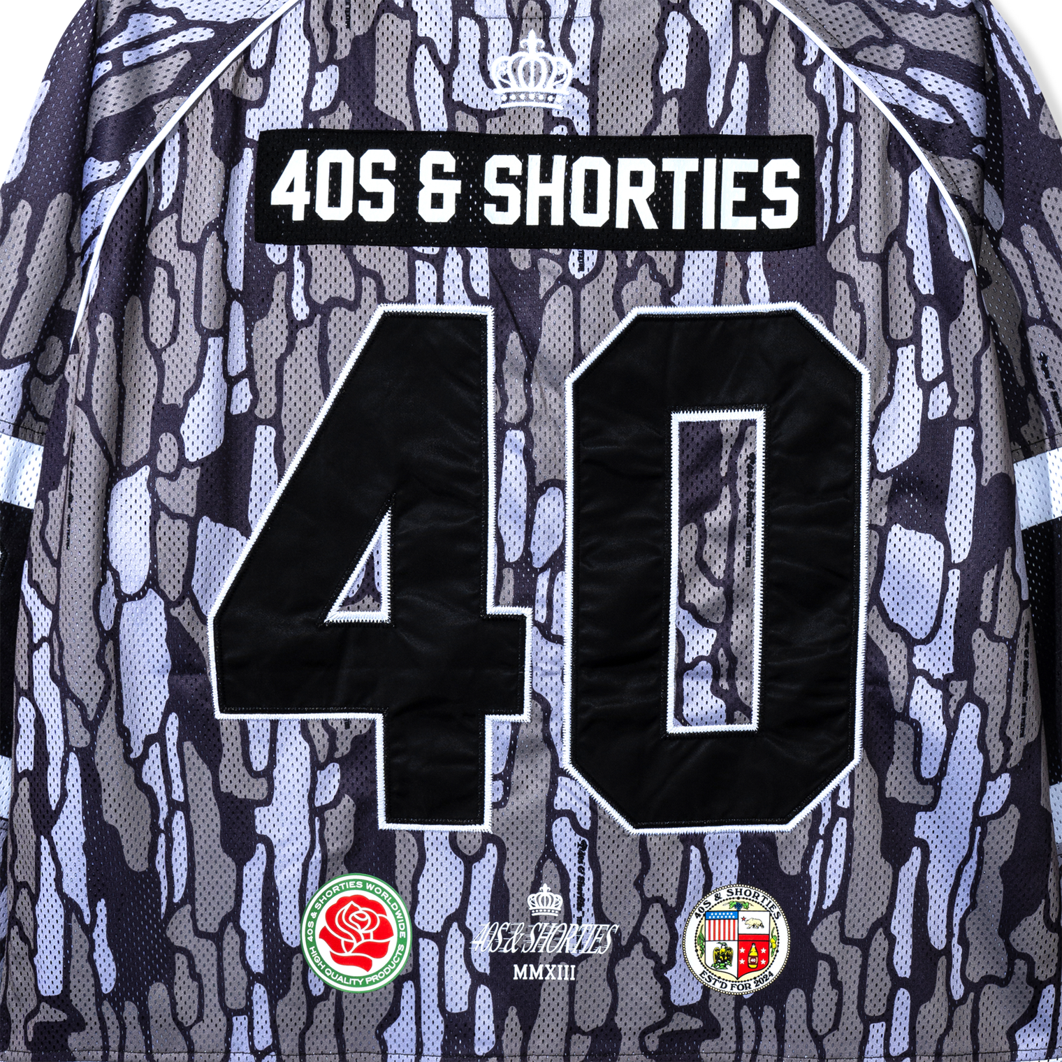 Close-up of back “40” applique and additional branding on Champs Hockey Jersey – Camo