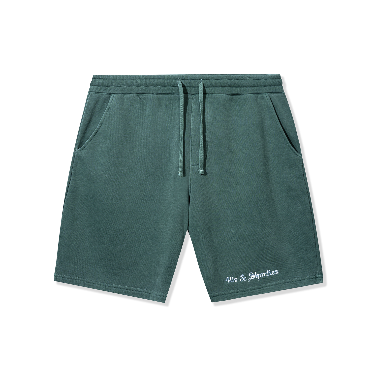 Front view of OG Logo Fleece Shorts in Alpine green with embroidered 40s & Shorties logo near the hem