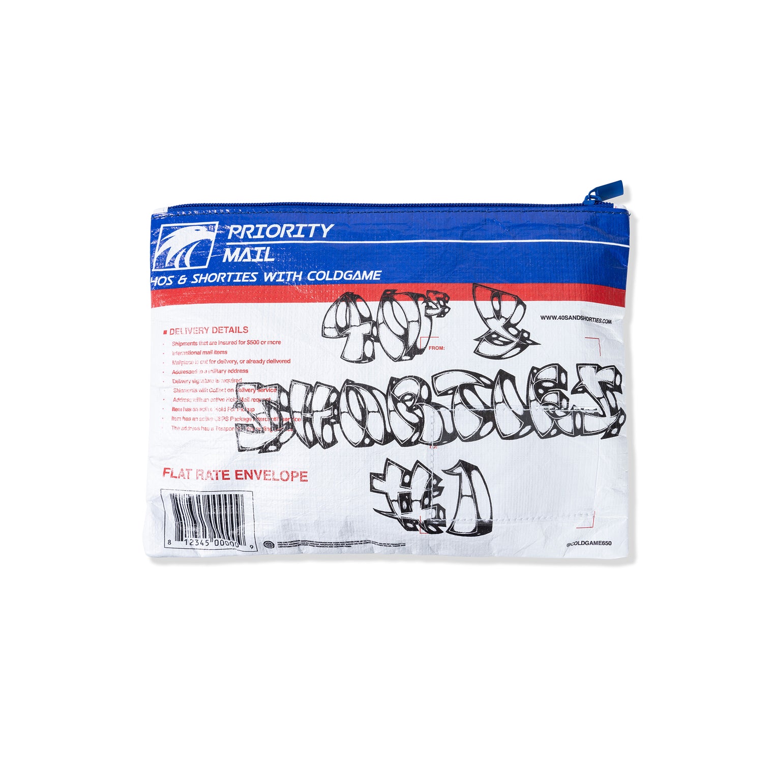 Back of 40s x Cold Game Envelope Bag with black line art illustration of a street scene and 40s & Shorties graffiti branding.