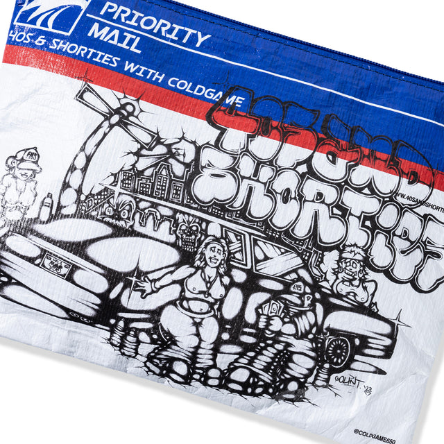 Close-up of 40s x Cold Game Envelope Bag showcasing detailed graffiti logo and textured Tyvek material.