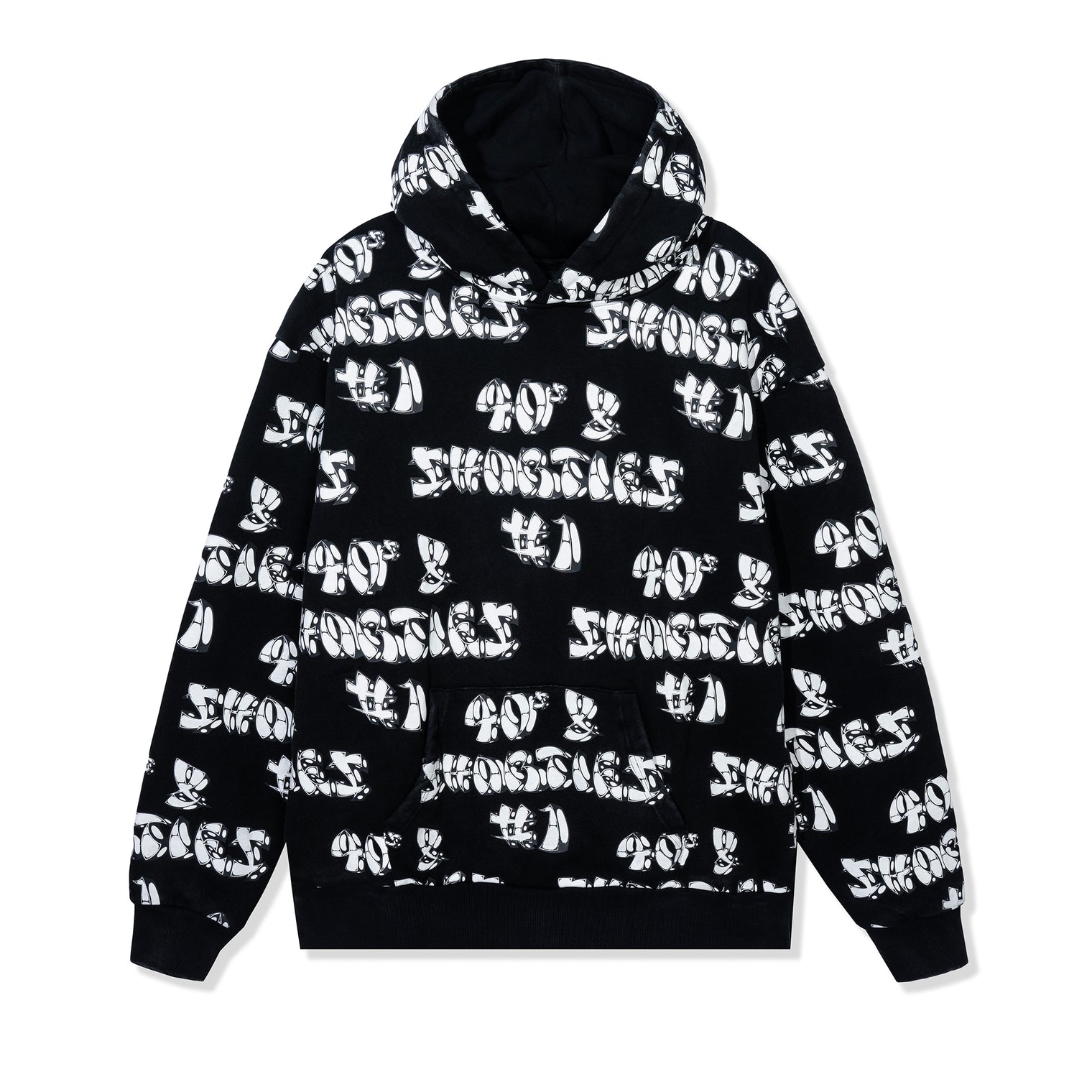 Flat lay of black hoodie featuring all-over white graffiti-style 40s & Shorties logo print