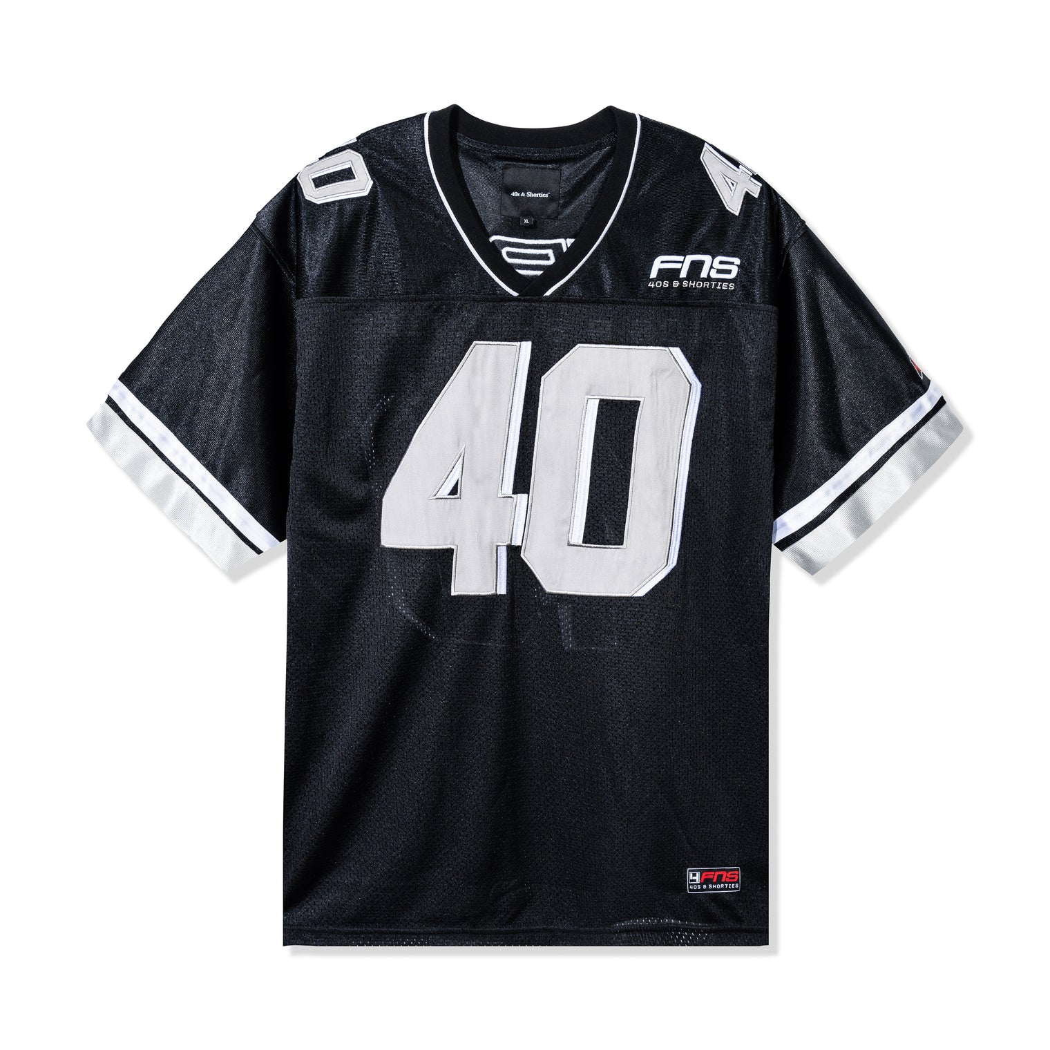 Front view of the Fubar Jersey in Black by 40s & Shorties featuring large white “40” appliqué and embroidered FNS logo on a mesh body.