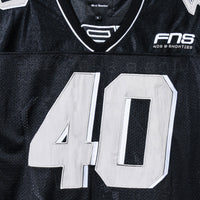 Front view of the Fubar Jersey in Black by 40s & Shorties featuring large white “40” appliqué and embroidered FNS logo on a mesh body.
