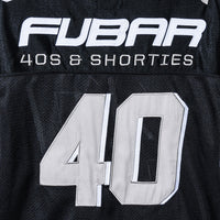 Close-up of the back “FUBAR” and “40s & Shorties” embroidery and appliqué on the Fubar Jersey in Black.