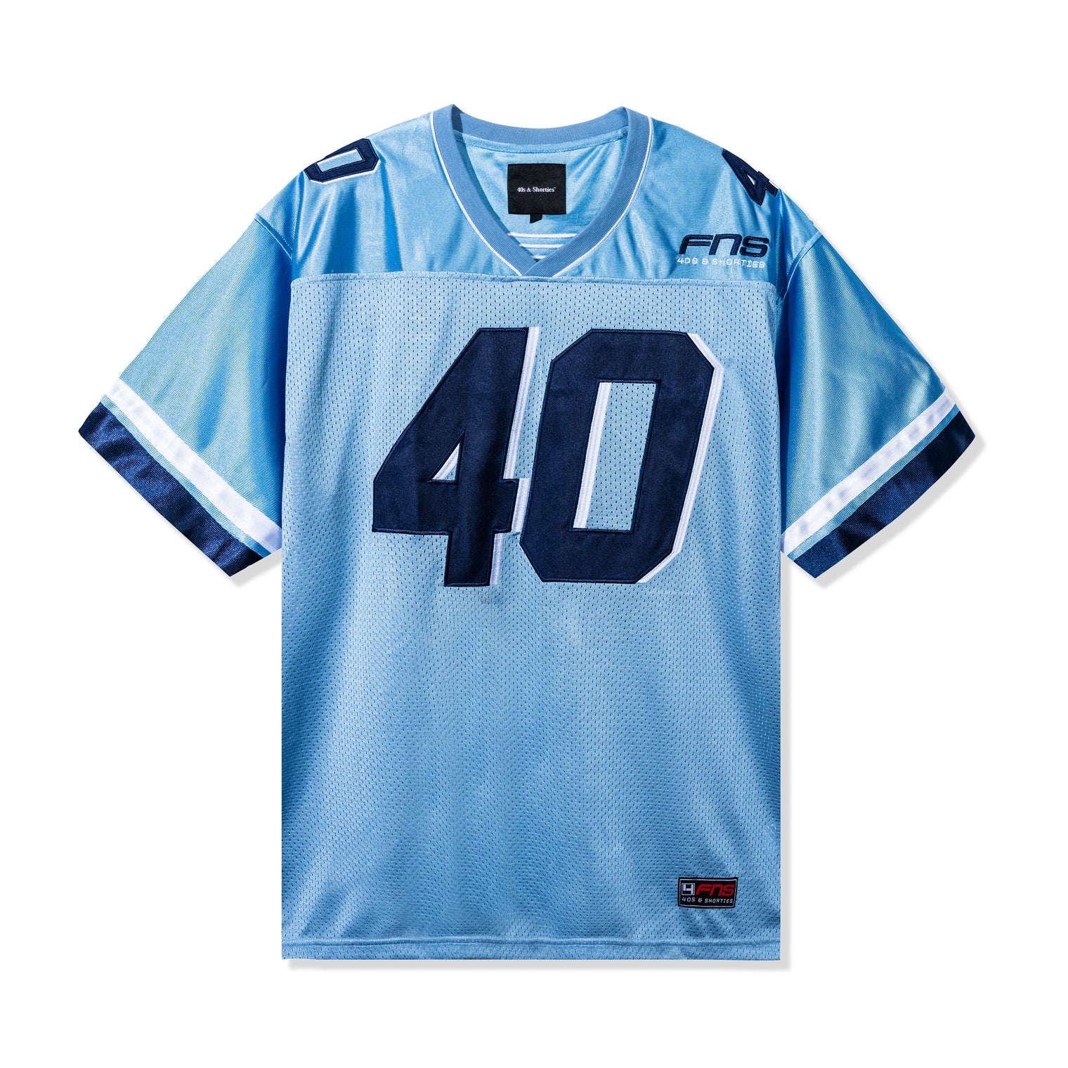 Front view of the Fubar Jersey in Blue by 40s & Shorties featuring large “40” appliqué and embroidered FNS logo on a mesh body.