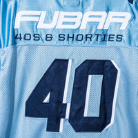 Close-up of the back “FUBAR” and “40s & Shorties” embroidery and appliqué on the Fubar Jersey in Blue.