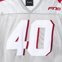 Close-up of front “40” appliqué and FNS chest embroidery on the Grey Fubar Jersey by 40s & Shorties.