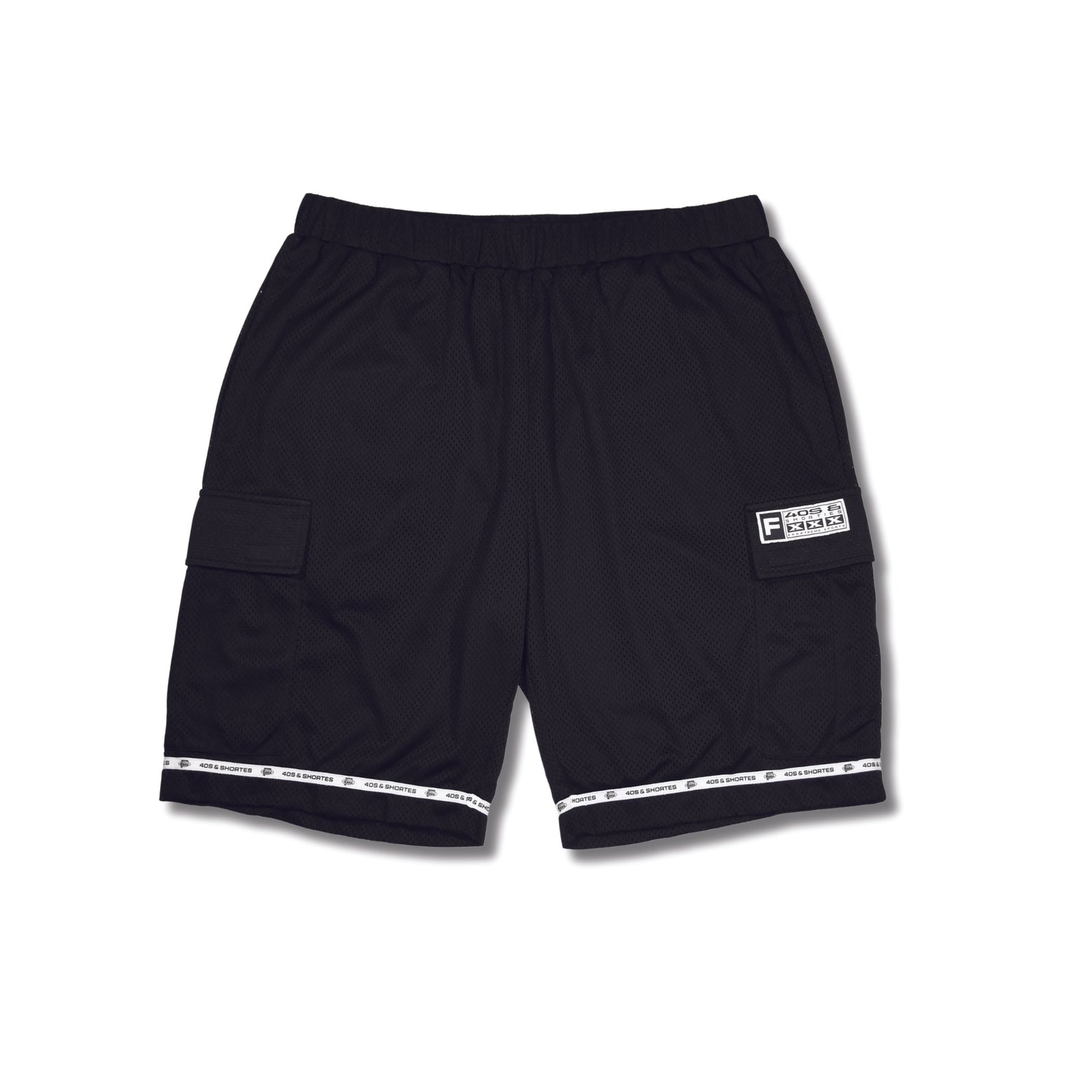 Front view of 6th Street Cargo Shorts in black with logo patch and branded hem trim.