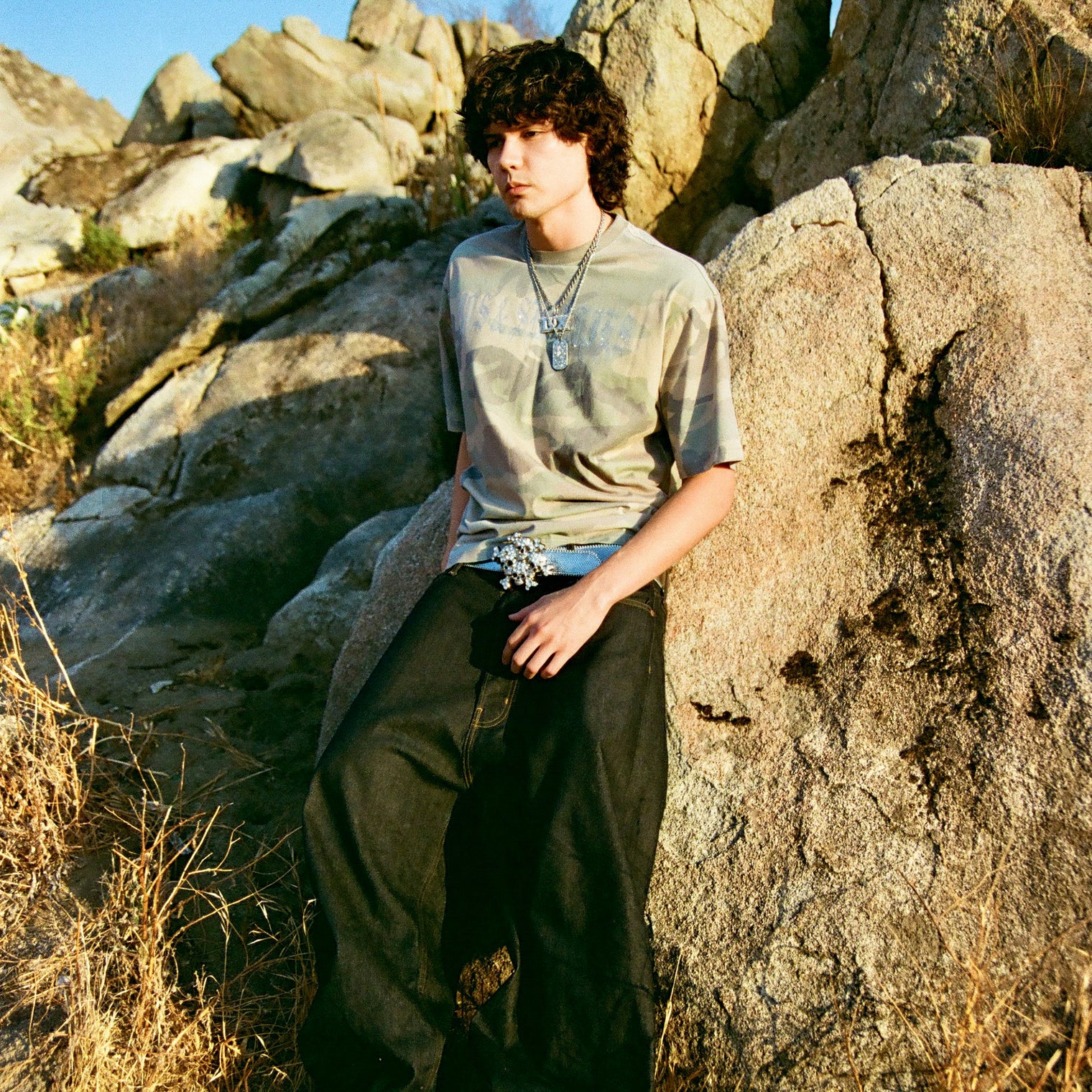 Model in 40s & Shorties Angel Wings Tee camo with rhinestone details.