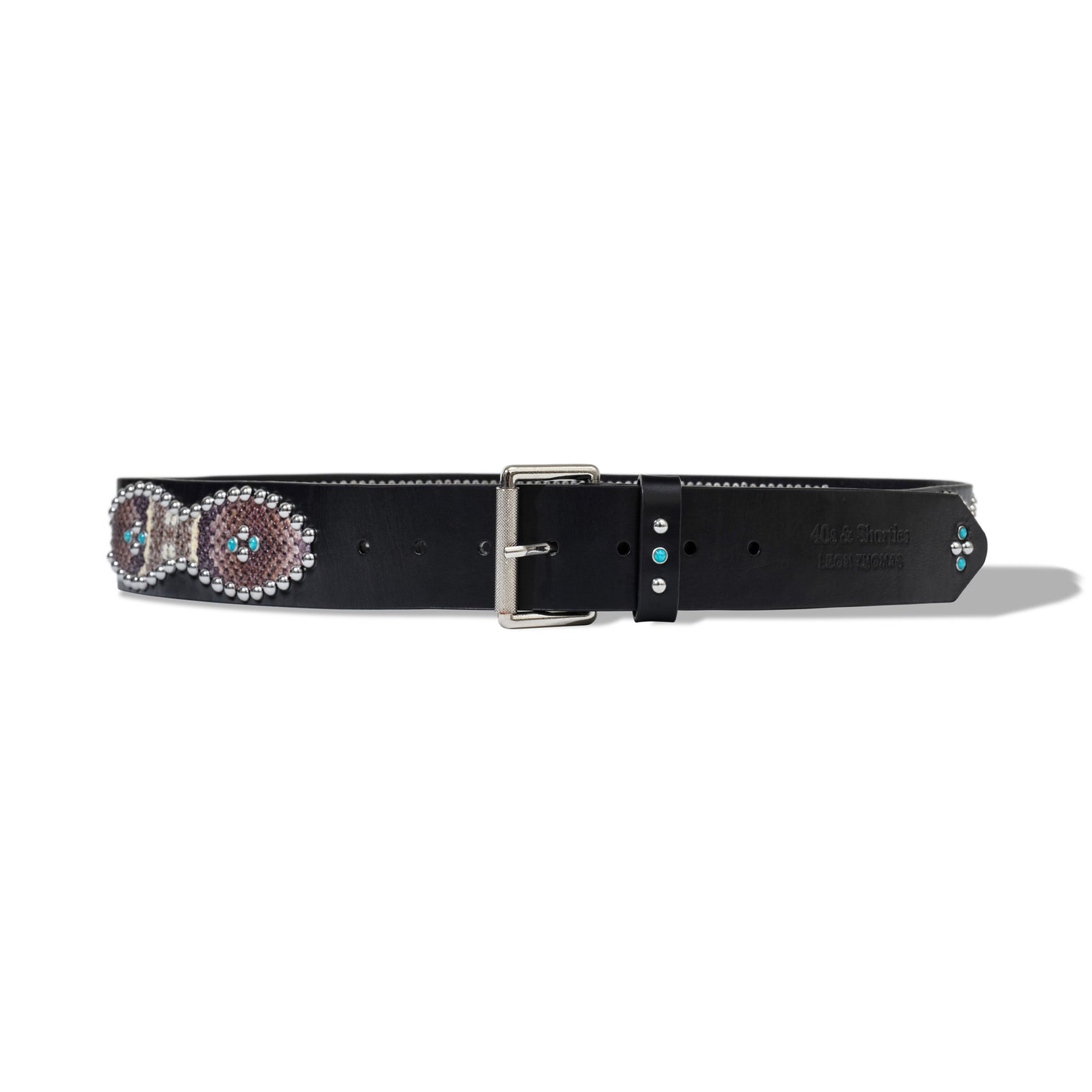 Snakeskin Belt with silver metal buckle, snake-pattern applique, and embossed 40s & Shorties x Leon Thomas branding