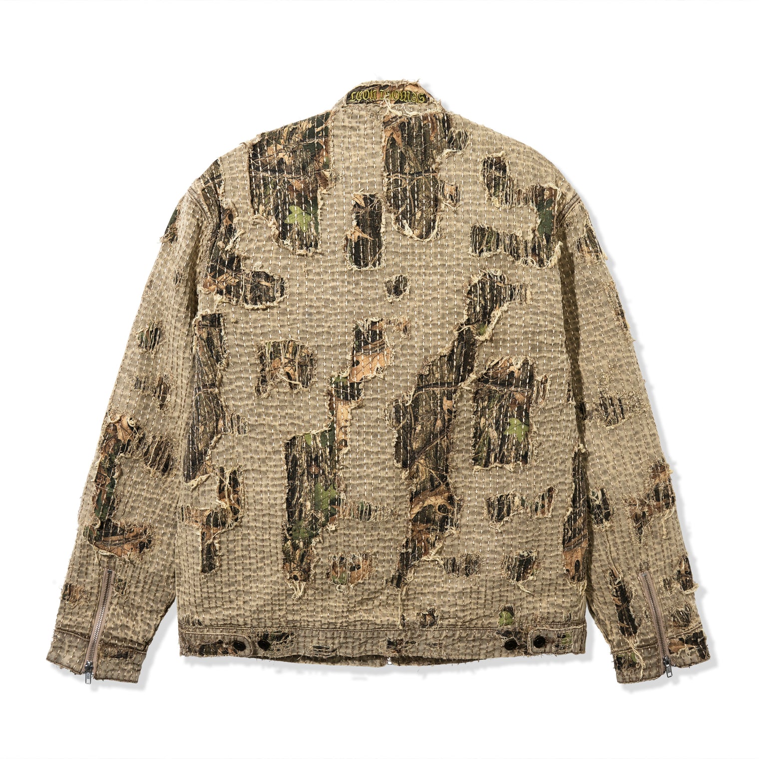 Back view of Boro Jacket with heavy boro-style stitching and distressed camo under-layer