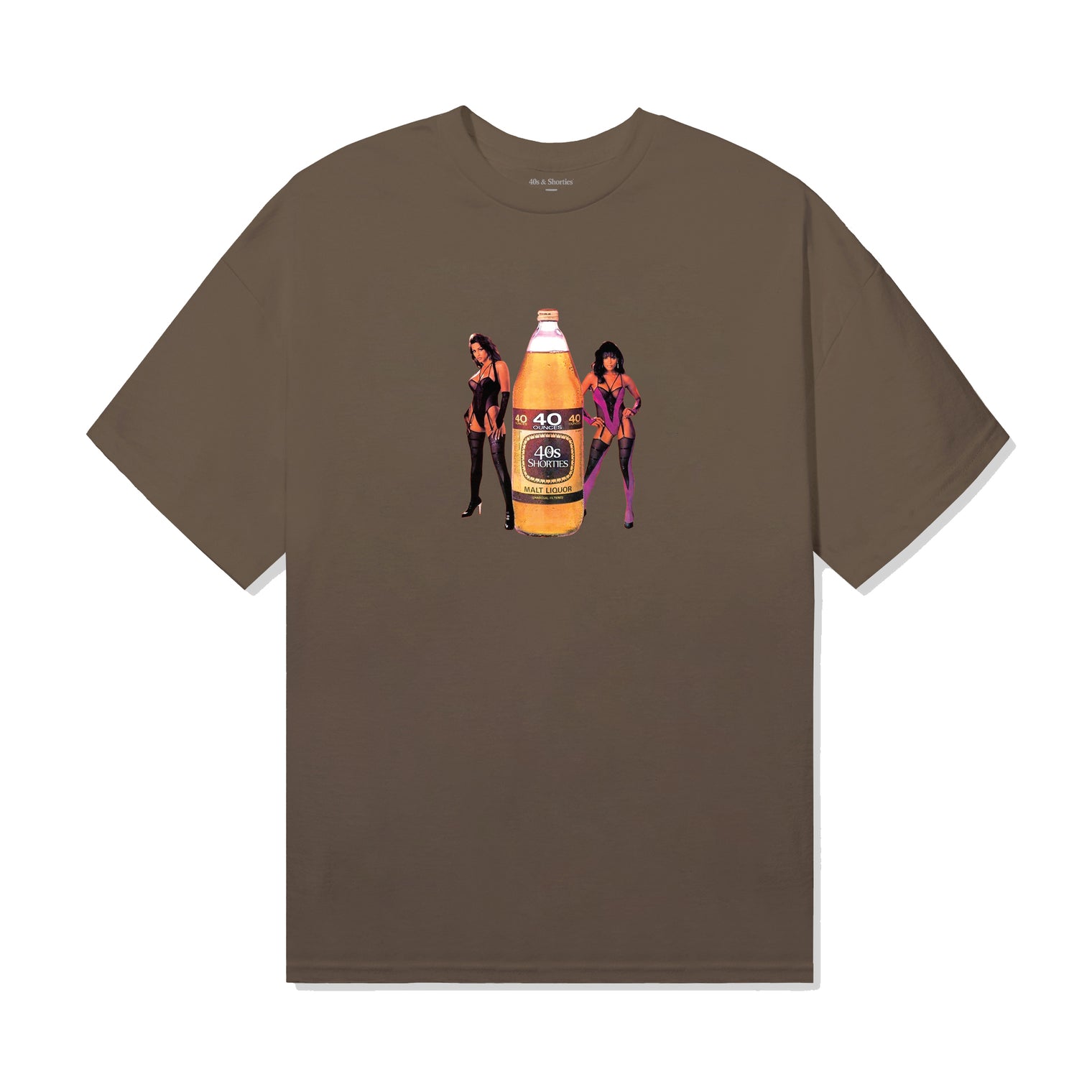 Prairie Dust t-shirt with center chest graphic of a 40oz malt liquor bottle labeled "40s & Shorties", flanked by two women in lingerie.