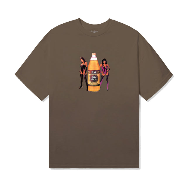 Prairie Dust t-shirt with center chest graphic of a 40oz malt liquor bottle labeled "40s & Shorties", flanked by two women in lingerie.