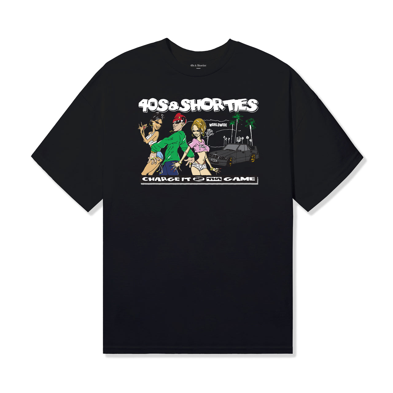 Full front view of the Charge It Tee with “Charge It 2 Tha Game” cartoon artwork.