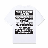Full back view of the Charge It Tee in white with large printed text graphic.
