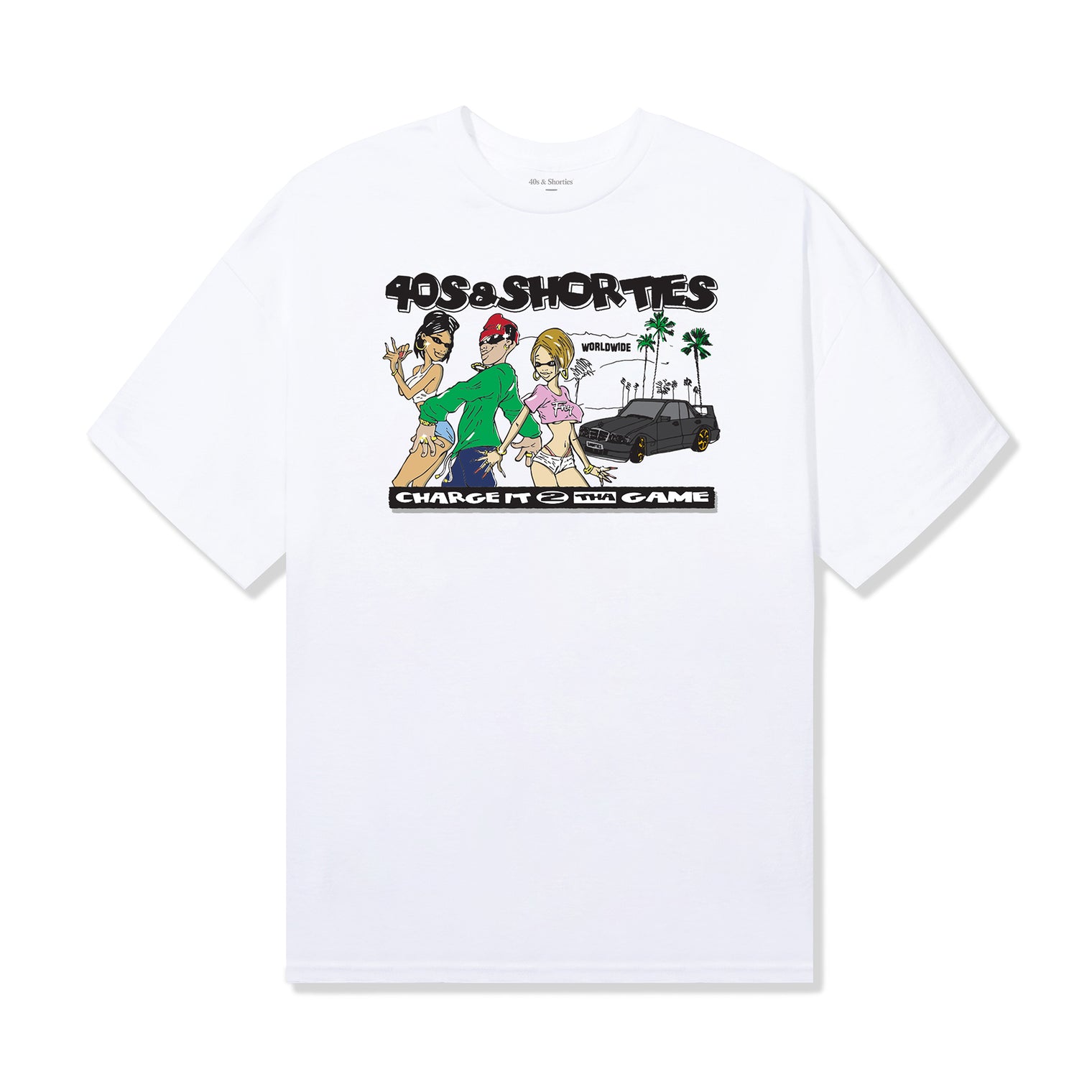Full front view of the Charge It Tee in white featuring colorful cartoon-style artwork.