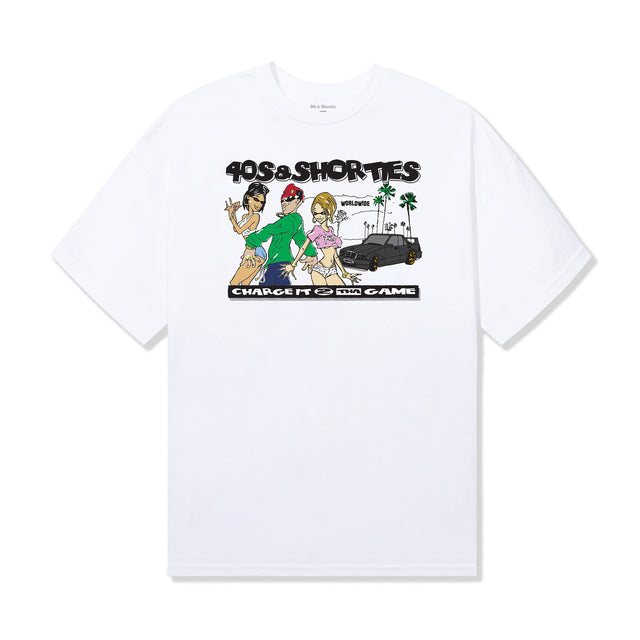 Full front view of the Charge It Tee in white featuring colorful cartoon-style artwork.